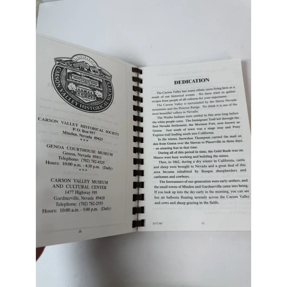 Carson Valley Historical Society Cherished Recipes‎ Spiral Cookbook Nevada